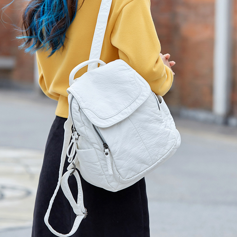 Fashion Backpack Women - Kadın sırt çantası beyaz yıkanmış deri